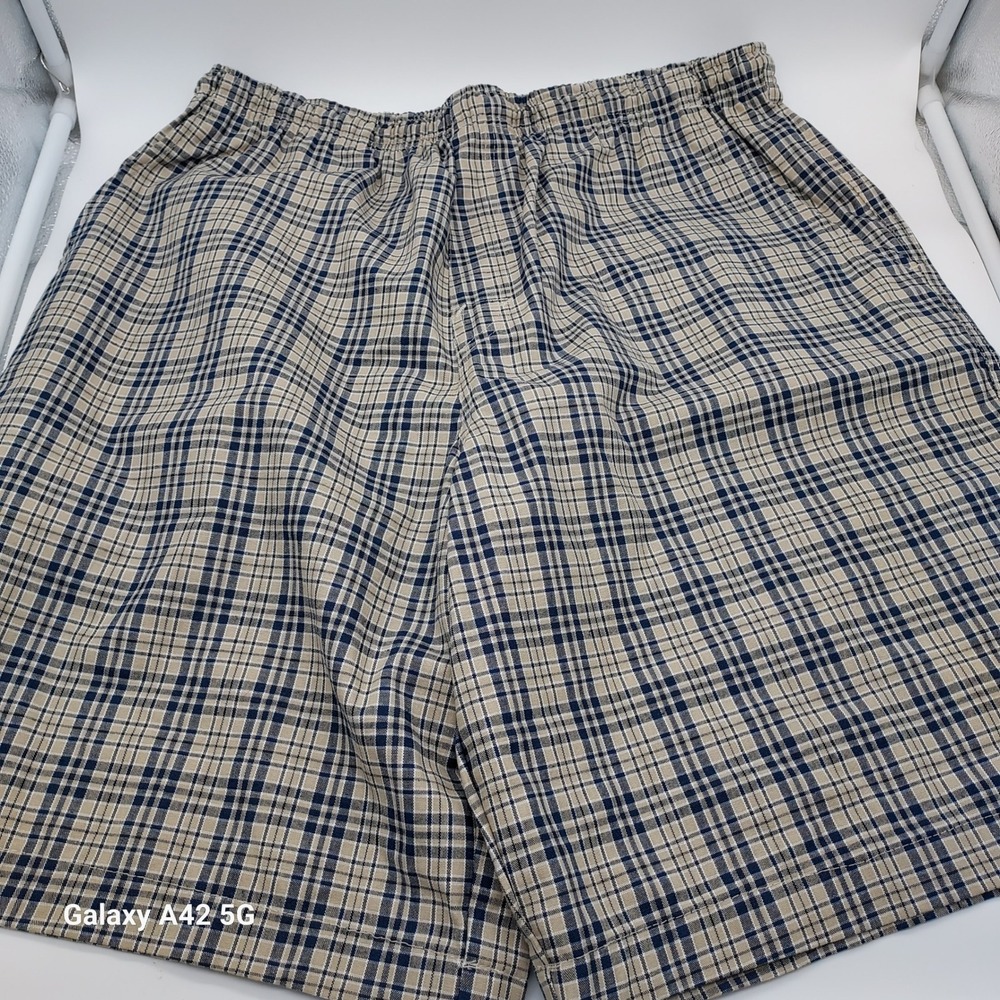 Vintage No Fear Plaid Shorts Mens Large Blue Tan Elastic Waist Cotton SE001